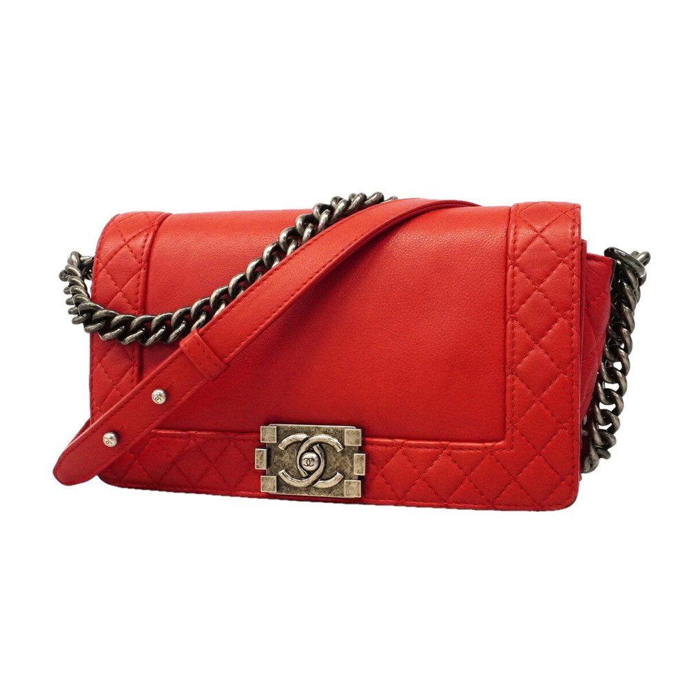 Chanel Boy Chain Shoulder Bag, Leather, Red, Women's